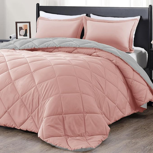 downluxe Queen Comforter Set - Pink and Grey Queen Comforter, Soft Bedding Sets for All Seasons - 3 Pieces - 1 Comforter (88"x92") and 2 Pillow Shams(20"x26") - LeafyLoom