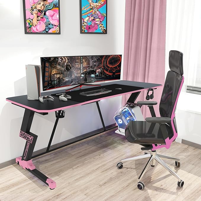 63 Inch Gaming Desk, with Carbon Fiber Surface, Lightning-Shaped PC Computer Table, with Headphone Holder, Cup Holder, Cable Management Box, Gaming Table for Gamer, Black&Pink - LeafyLoom