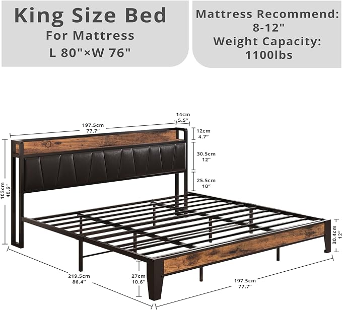 LIKIMIO King Bed Frame, Storage Headboard with Charging Station, Solid and Stable, Noise Free, No Box Spring Needed, Easy Assembly (Vintage and Black) - LeafyLoom