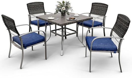 Pamapic Patio Table and Chairs Set, All-Weather Rattan Outdoor Table and Chairs with Removable Waterproof Cushions, Plastic-Wood Patio Dining Set for 4 with Umbrella Hole(Blue) - LeafyLoom