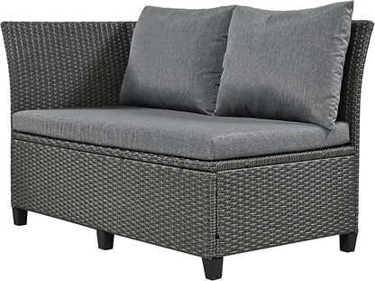 5-Piece Outdoor Patio Furniture Set with Dining Table&Bench, All-Weather PE Wicker Sofa w/2 Extendable SideTables&Cushions&Washable Covers, Rattan Conversation Couch for Backyard Yard, Gray - LeafyLoom