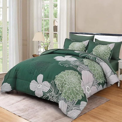 Yiran 7 Pieces Queen Floral Comforter Set,Emerald Green Bed in a Bag Flowers Comforter,Soft Microfiber Bedding Set with Comforter, Sheets, Pillowcases & Shams 90"×90" - LeafyLoom