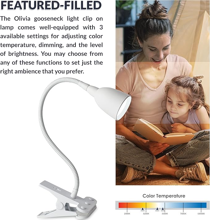 Newhouse Lighting NHCLP-OL-WH Olivia LED Clamp Light Desk Lamp with Flexible Gooseneck, 3 Brightness Levels & 3 Color Modes, White - LeafyLoom