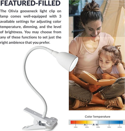 Newhouse Lighting NHCLP-OL-WH Olivia LED Clamp Light Desk Lamp with Flexible Gooseneck, 3 Brightness Levels & 3 Color Modes, White - LeafyLoom