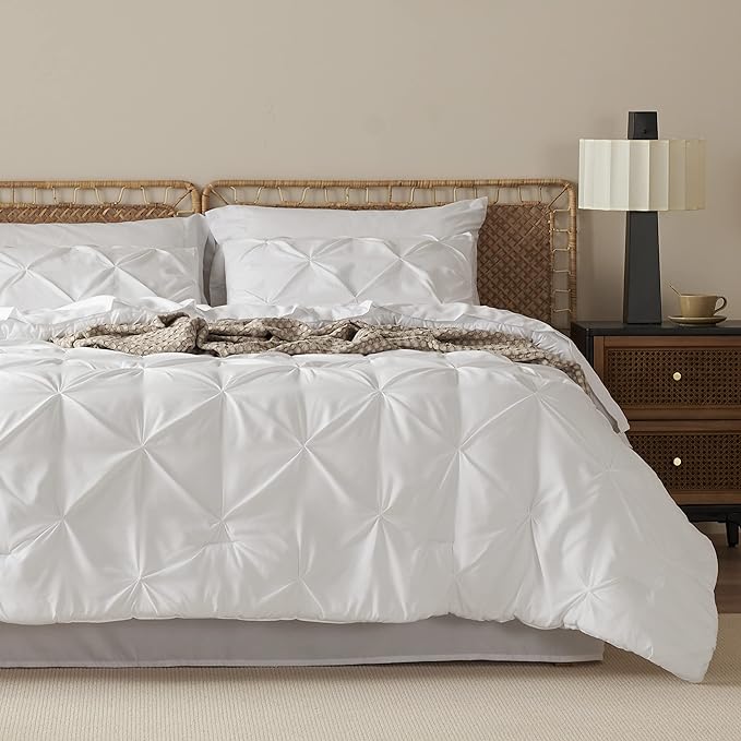 Bedsure White King Size Comforter Set - Bedding Set King 7 Pieces, Pintuck Bed in a Bag White Bed Set with Comforter, Sheets, Pillowcases & Shams - LeafyLoom