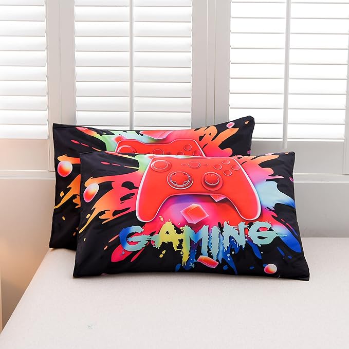 Aimuan Gaming Comforter Sets for Boys Kids Bedding Sets Video Games Console Action Buttons Novelty Colorful Game Gamepad Controller Modern Gamer Room Decor Home Quilt Set (Full, Black) - LeafyLoom