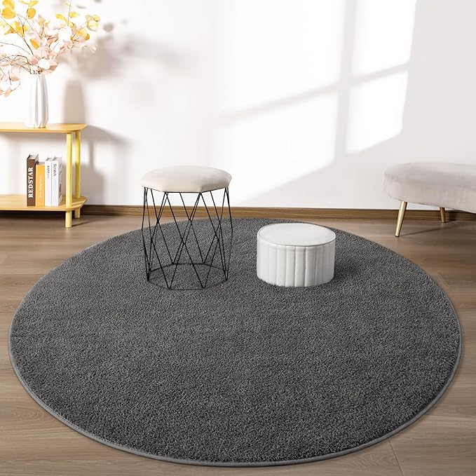 Round Area Rugs for Bedroom Living Room, 5x5 Dark Grey Super Soft Comfy Thickened Memory-Foam Indoor Circle Carpet, Modern Aesthetic Minimalist Carpet for Boys Girls Adults Nursery Home Décor - LeafyLoom