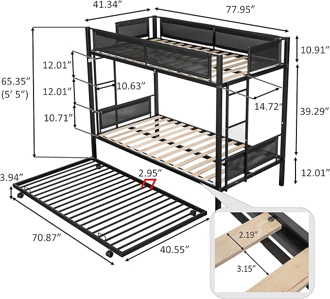 Twin over twin bunk bed with Trundle,Sturdy Metal Frame,Noise-Free Wood Slats,Comfortable Textilene Guardrail, 2 side Ladders,Space-Saving-Trundle,Bunk-Bed for Three,No Box Spring Needed,Black - LeafyLoom