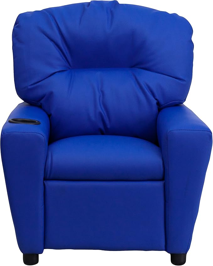 Flash Furniture Chandler Vinyl Kids Recliner with Cup Holder and Safety Recline, Contemporary Reclining Chair for Kids, Supports up to 90 lbs., Blue - LeafyLoom