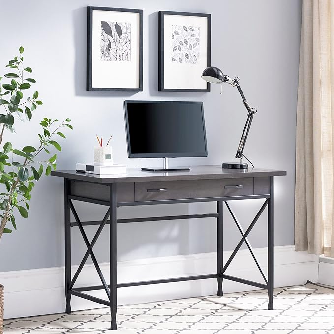 Leick Home 23400 Chisel & Forge Writing Computer Desk with Drop Front Keyboard Drawer, Smoke Gray and Matte Black - LeafyLoom