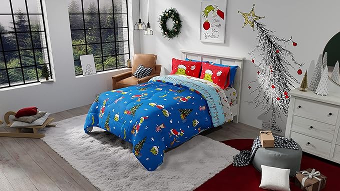 Franco Grinch by Dr. Seuss Holiday & Christmas Bedding Super Soft Comforter and Sheet Set with Sham, 7 Piece Full Size (Official Dr. Seuss product) - LeafyLoom