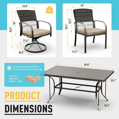 Pamapic 7 Piece Patio Dining Set for 6,Wicker Outdoor Furniture Set for Backyard Garden Deck Poolside with Iron Slats Table Top,4 Dining Chairs and 2 Swivel Rockers,Removable Cushions(Beige) - LeafyLoom