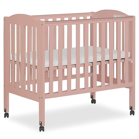 2-in-1 Portable Folding Stationary Side Crib in Dusty Pink, Greenguard Gold Certified, Two Adjustable Mattress Height Positions,Made of Solid Pinewood, Flat Folding Crib - LeafyLoom