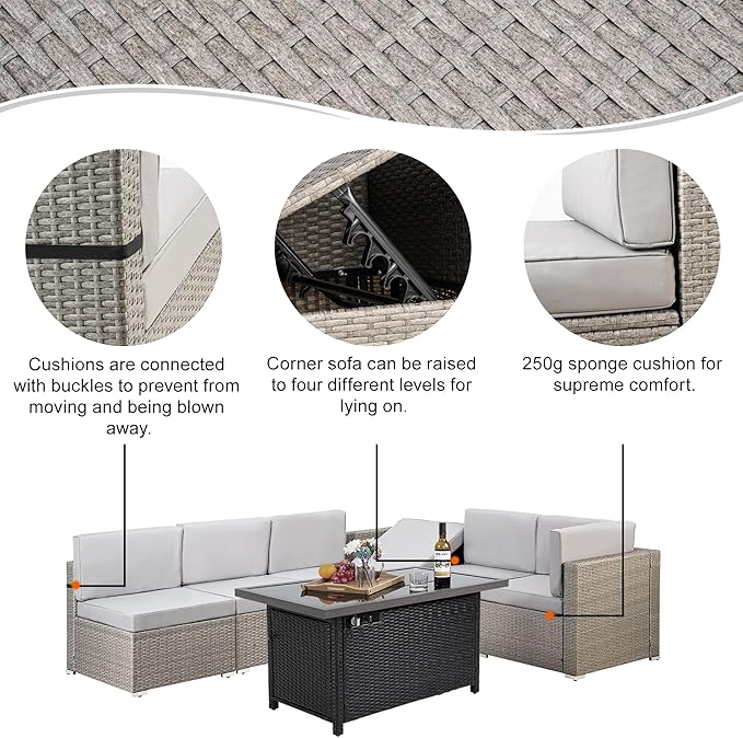 Pamapic 8 Pieces Patio Conversation Sets with fire Pit, Patio Furniture Sectional Sofa with Gas Fire Pit Table(Grey Wicker,Grey Cushions) - LeafyLoom