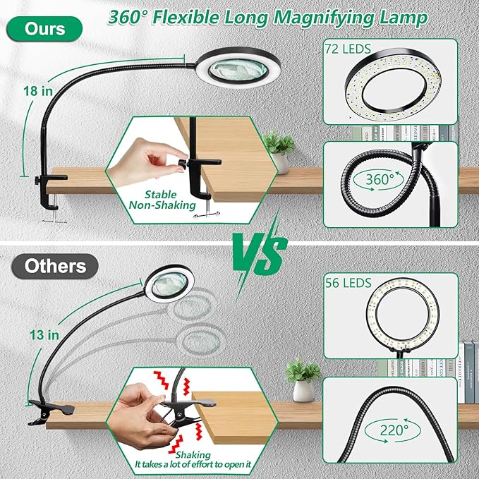 HITTI 12X Large Lens Magnifying Glass with Light, 3 Color Modes Stepless Dimmable Lighted Magnifying Lamp and Clamp, Flexible Gooseneck LED Magnifier Light Stand for Craft Hobby Painting Repairs - LeafyLoom