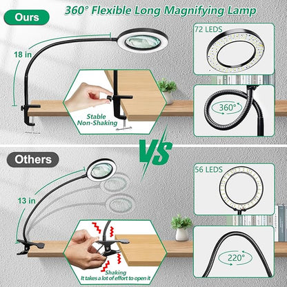 HITTI 12X Large Lens Magnifying Glass with Light, 3 Color Modes Stepless Dimmable Lighted Magnifying Lamp and Clamp, Flexible Gooseneck LED Magnifier Light Stand for Craft Hobby Painting Repairs - LeafyLoom