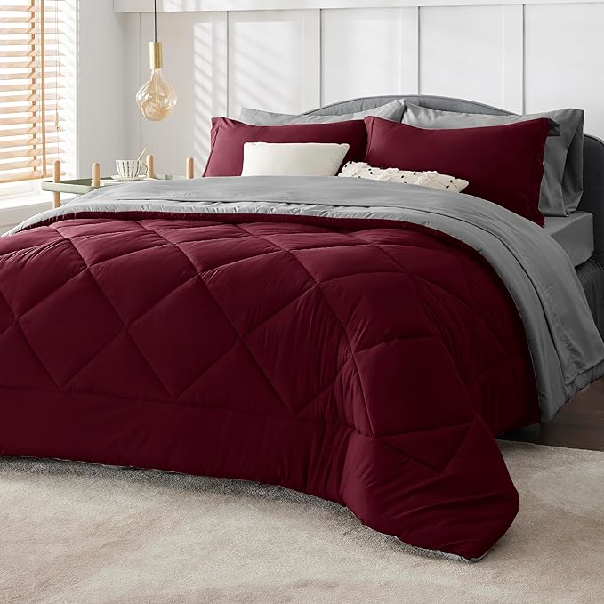 Bedsure Burgundy 7 Piece Reversible Comforter Set - Bed in a Bag with Comforters, Sheets, Pillowcases & Shams - LeafyLoom