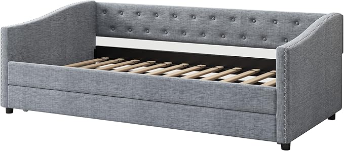 Twin Size Daybed with Trundle, Upholstered Tufted Sofa Bed with Button on Back and Piping on Waved Shape Arms for Bedroom, Apartment, Living Room, Wooden Slats Support, Light Grey - LeafyLoom