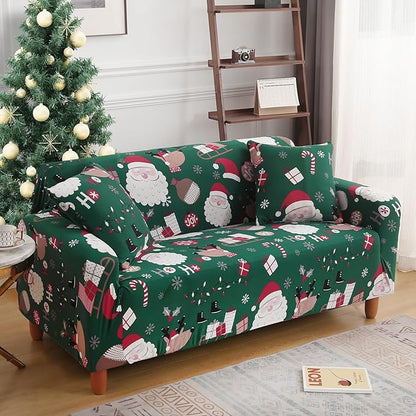 Mybedsoul Christmas Printed Sofa Cover Santa Claus Elastic Couch Cover Machine Washable Christmas Theme Red Sofa Slipcover for Living Room(3 Seater) Mybedsoul