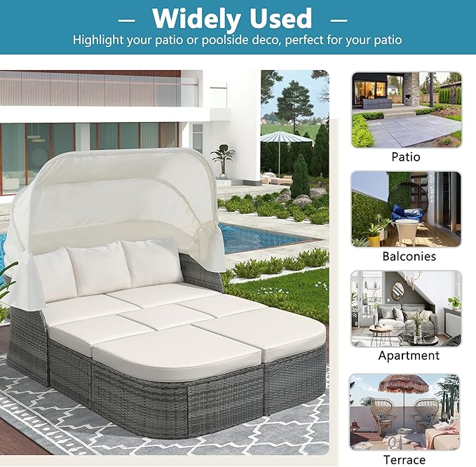 Rectangle Furniture Daybed Sunbed with Retractable Canopy, Outdoor Wicker Conversation Set with Cushions for Patio, Backyard, Porch, Garden, Hc-Beige - LeafyLoom