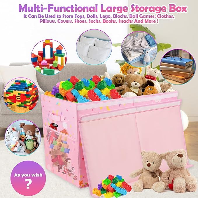 Large Toy Box Chest, Collapsible Sturdy Toy Storage Organizer for Kids, Boys, Girls, 25"x13"x16" Toy Chest Storage Bins with Lids Toy Bins Baskets Boxes for Living Room, Playroom, Nursery, Pink - LeafyLoom