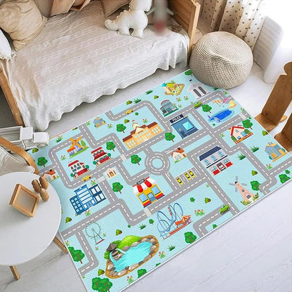 Kids Car Rug, 3' 3" x 5' 3" City Life Traffic Road Playmat for Toy Cars Trains, Non-Slip Race Track Carpet Educational Fun Area Rugs for Boy and Girl Bedroom Nursery - LeafyLoom