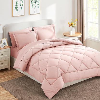 CozyLux King Comforter Set with Sheets 7 Pieces Bed in a Bag Pink All Season Bedding Sets with Comforter, Pillow Shams, Flat Sheet, Fitted Sheet and Pillowcases - LeafyLoom