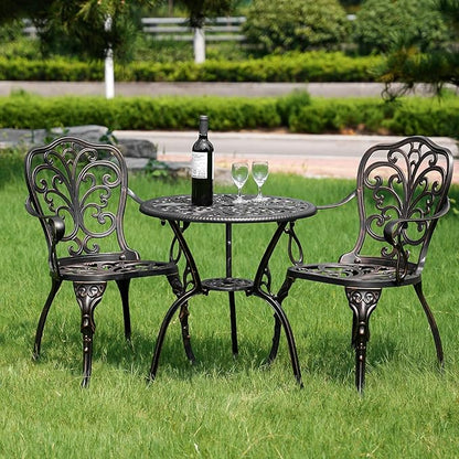 3 Piece Patio Furniture Dining Set Aluminum Patio Bistro Set Outdoor Furniture with Umbrella Hole for Yard, Balcony, Bronze - LeafyLoom