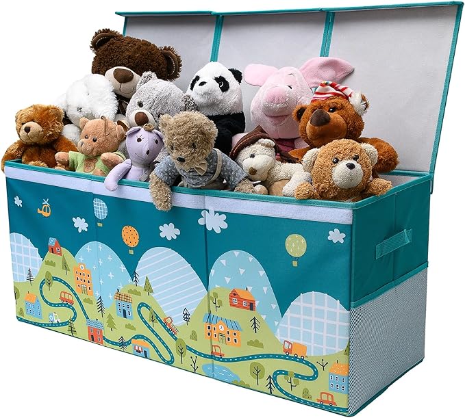 Extra Large Toy Storage Organizer with Lid - Sturdy, Collapsible Toy Chest Storage Box with Cute Design - Toys Bin with Dividers for Kids, Boys, Girls, Nursery, Bedroom, Play room 37"x16"x14" - LeafyLoom