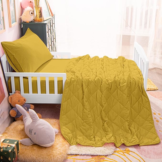 NTBAY Toddler Bedding Set - 4 Piece Soft and Breathable Crib Bedding Set for Boys and Girls, Includes Quilted Comforter, Fitted Sheet, Flat Top Sheet and Envelope Pillowcase, Yellow - LeafyLoom