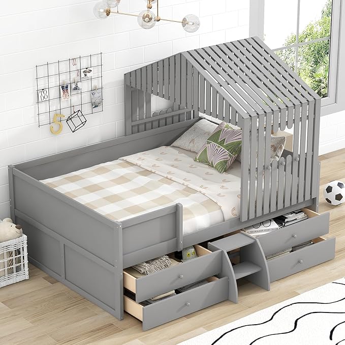 Full Size Low Loft Bed, Wooden House Shaped Loft Bed Frame with 4 Storage Drawers for Kids Teens Boys Girls, Easy Assembly, No Box Spring Needed, Gray - LeafyLoom