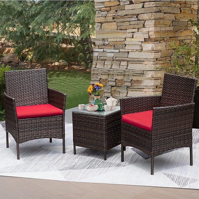 Greesum 3 Pieces Patio Furniture Sets Outdoor PE Rattan Wicker Chairs with Soft Cushion and Glass Coffee Table for Garden Backyard Porch Poolside, Brown and Red - LeafyLoom