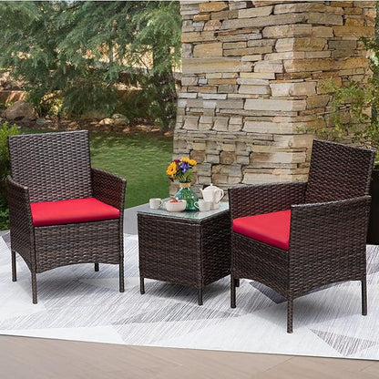 Greesum 3 Pieces Patio Furniture Sets Outdoor PE Rattan Wicker Chairs with Soft Cushion and Glass Coffee Table for Garden Backyard Porch Poolside, Brown and Red - LeafyLoom