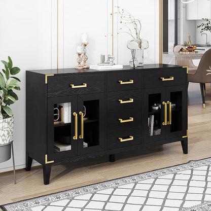 60" Retro Sideboard with 6-Drawer and 2-Cabinet,Multifunctional Buffet,w/Gold Handles & Solid Wood Legs,Extra Large Storage Space,for Kitchen and Living Room,Black - LeafyLoom