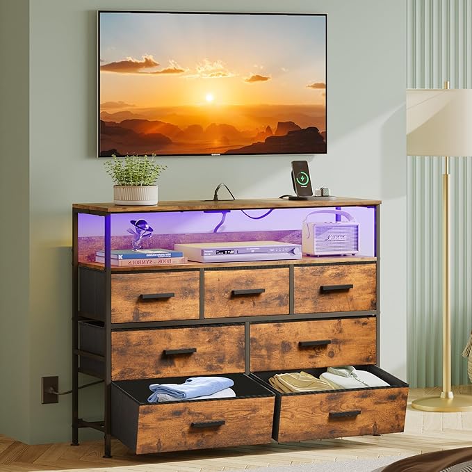 Dresser TV Stand with 7 Drawers, Dresser TV Stand with LED Lights & Power Outlets, Bedroom Dresser, Chest of Drawers up to 45'' Long TV, Wide Fabric Dresser with Open Shelf (Rustic Brown) - LeafyLoom