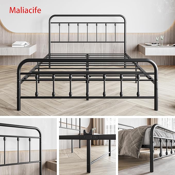 Vintage Queen Size Bed Frame with Headboard and Footboard Mattress Heavy Duty Metal Platform, Steel Slat Support (Queen, Black Sanded) - LeafyLoom