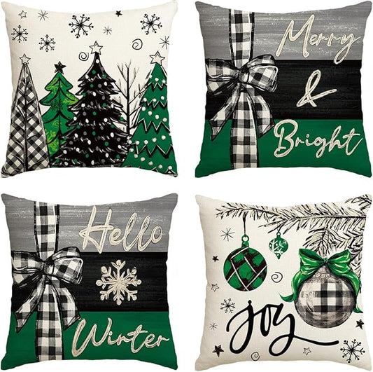 AVOIN colorlife Merry Christmas Joy Xmas Trees Green Throw Pillow Covers, 18 x 18 Inch Christmas Winter Holiday Cushion Case Decoration for Sofa Couch Set of 4 AVOINcolorlife