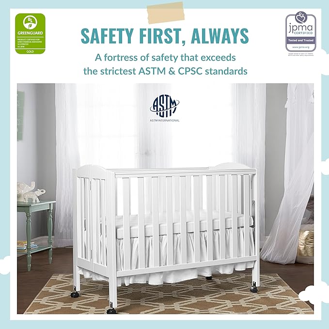 3 in 1 Portable Folding Stationary Side Crib in White, Greenguard Gold Certified, Safety Wheel with Locking Casters, Convertible, 3 Mattress Heights - LeafyLoom