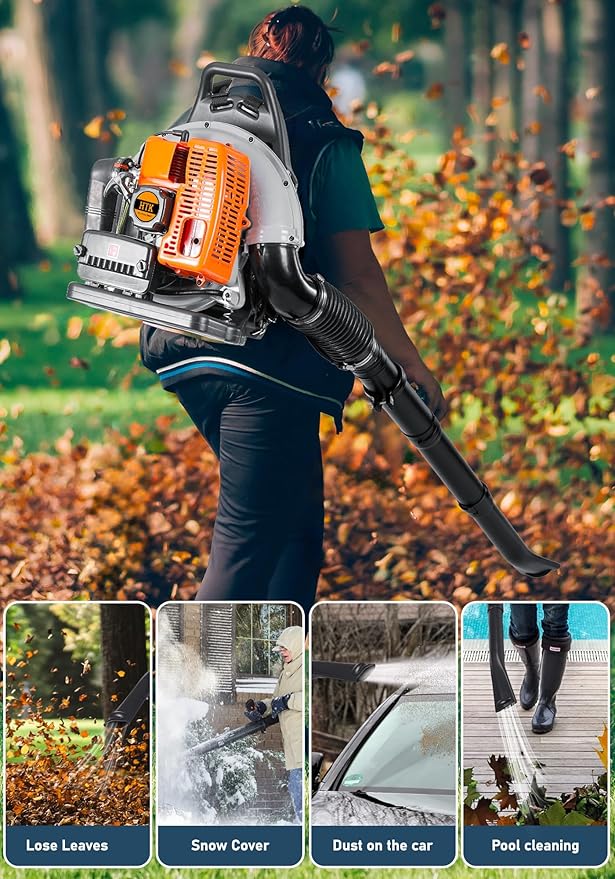 HTK 63CC Gas Backpack Leaf Blower - 2-Stroke Engine, High-Velocity 665CFM, Ergonomic & Low-Vibration, Cruise Control, Ideal for Year-Round Yard Maintenance (63CC Backpack Blower) - LeafyLoom