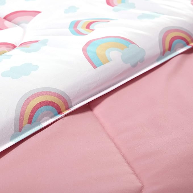 SLEEP ZONE Kids Twin Bedding Comforter Set - Super Cute & Soft Kids Bedding 5 Pieces Set with Comforter, Sheet, Pillowcase & Sham (Pink Rainbow) - LeafyLoom