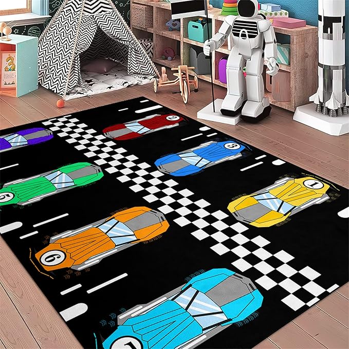 Race Car Rug Kids Play Area Rugs Race Car Track Rug Kids Rug with Roads and Tracks Car Track Carpet Car Rug for Boys Room Race Car Room Decor for Boys,Black 5'×7' - LeafyLoom