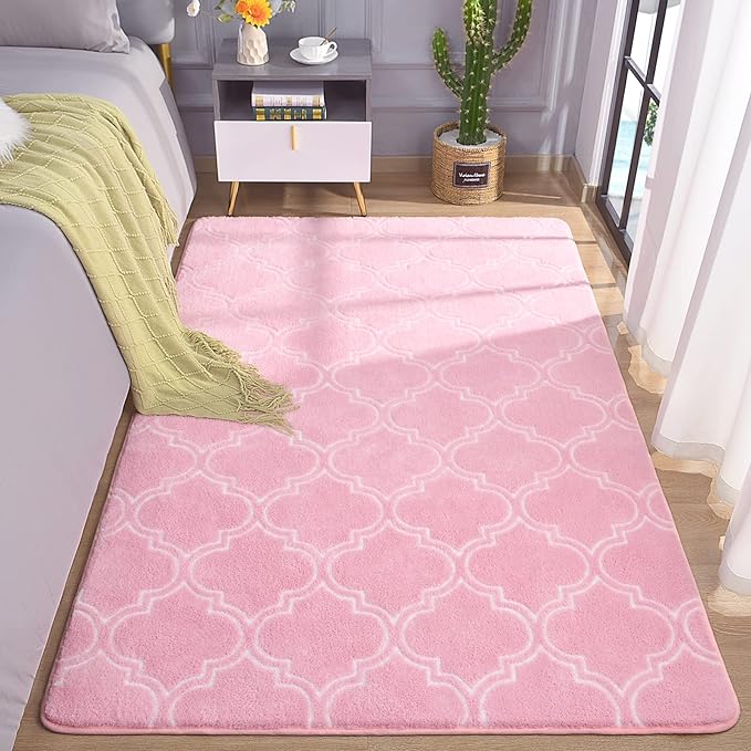 Chicrug Shag Geometric Modern Area Rug for Bedroom, 4x6 Feet Memory Foam Indoor Carpet, Fluffy Rug for Living Room Bedside Room Decor for Family Girls Kids Nursery Play Mat, Pink/White - LeafyLoom