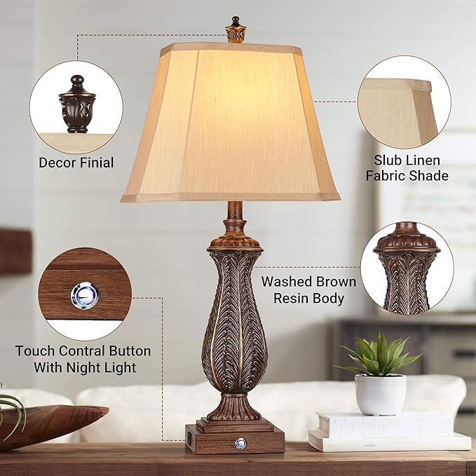 WIHTU 3-Way Dimmable Table Lamps for Bedrooms Set of 2, 30" H Touch Lamps for Living Room with USB & Type-C Ports, Brown Mermaid Bedside Lamp for Nightstand, Resin Farmhouse Rustic Lamp with 2 Bulb - LeafyLoom