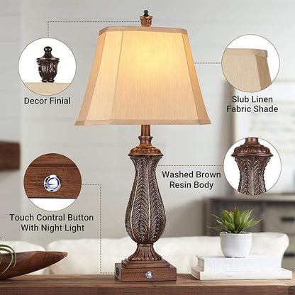 WIHTU 3-Way Dimmable Table Lamps for Bedrooms Set of 2, 30" H Touch Lamps for Living Room with USB & Type-C Ports, Brown Mermaid Bedside Lamp for Nightstand, Resin Farmhouse Rustic Lamp with 2 Bulb - LeafyLoom