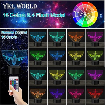 Airplane Night Light 3D Illusion Lamp 16 Color Changing USB Charging/Battery Powered Touch Control with Remote LED Table Desk Decor Lamps Christmas Birthday Gift for Kid Boy Pilot Plane Lover - LeafyLoom