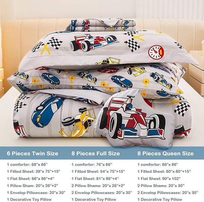 Mooreeke Full Size Comforter Sets for Boys Kids, 8 Pieces Bed in a Bag Racing Car Bedding Comforter Sheet Set with Shams and Decorative Toy Pillow, Ultral Soft Microfiber Kids Bed Set - LeafyLoom