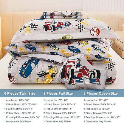 Mooreeke Queen Size Comforter Sets for Boys Kids, 8 Pieces Bed in a Bag Racing Car Bedding Comforter Sheet Set with Shams and Decorative Toy Pillow, Ultral Soft Microfiber Kids Bed Set - LeafyLoom