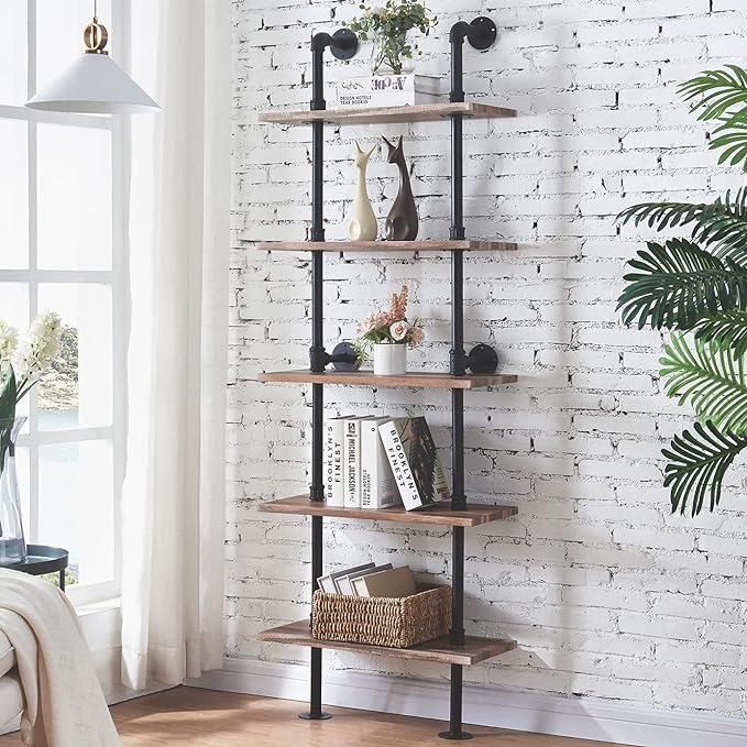 HOMBAZAAR Industrial Bookshelf, 5-Tier Industrial Pipe Bookshelf, Wall Mounted Ladder Shelves with Metal Frame for Home Office, Living Room, Oak Brown - LeafyLoom