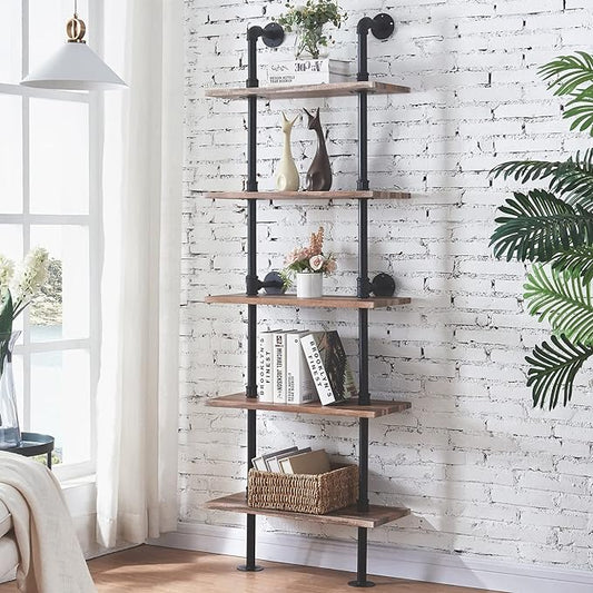 HOMBAZAAR Industrial Bookshelf, 5-Tier Industrial Pipe Bookshelf, Wall Mounted Ladder Shelves with Metal Frame for Home Office, Living Room, Oak Brown - LeafyLoom