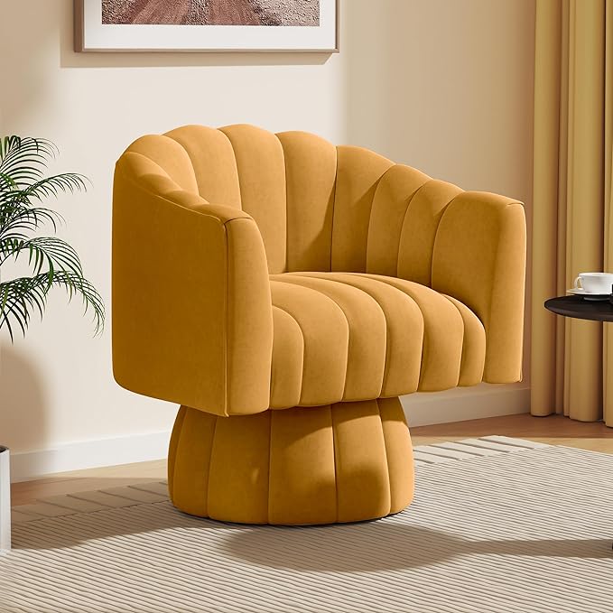 Accent Chair Mid Century 360 Degree Swivel Chair,Modern Lounge Sofa Round Barrel Chair with Wide Upholstered,Fluffy Velvet Fabric Chairs for Home Sofa Living Room/Bedroom/Waiting Room (Mustard) - LeafyLoom